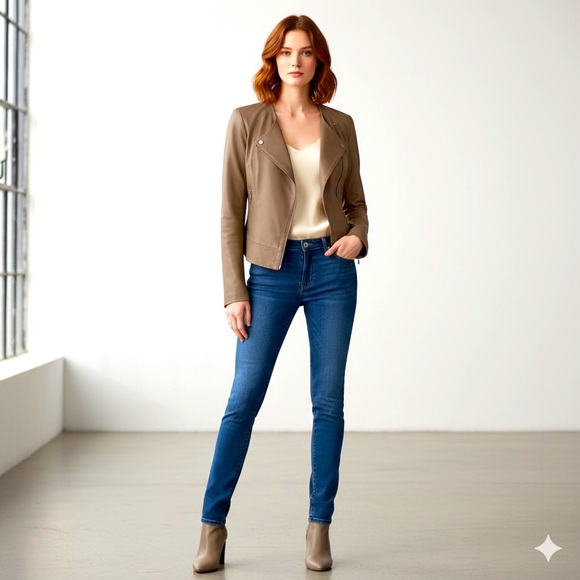 Veda Tan Taupe 100% Leather Asymmetrical Moto Jacket With High Cut Back Size L - Picture 5 of 8
